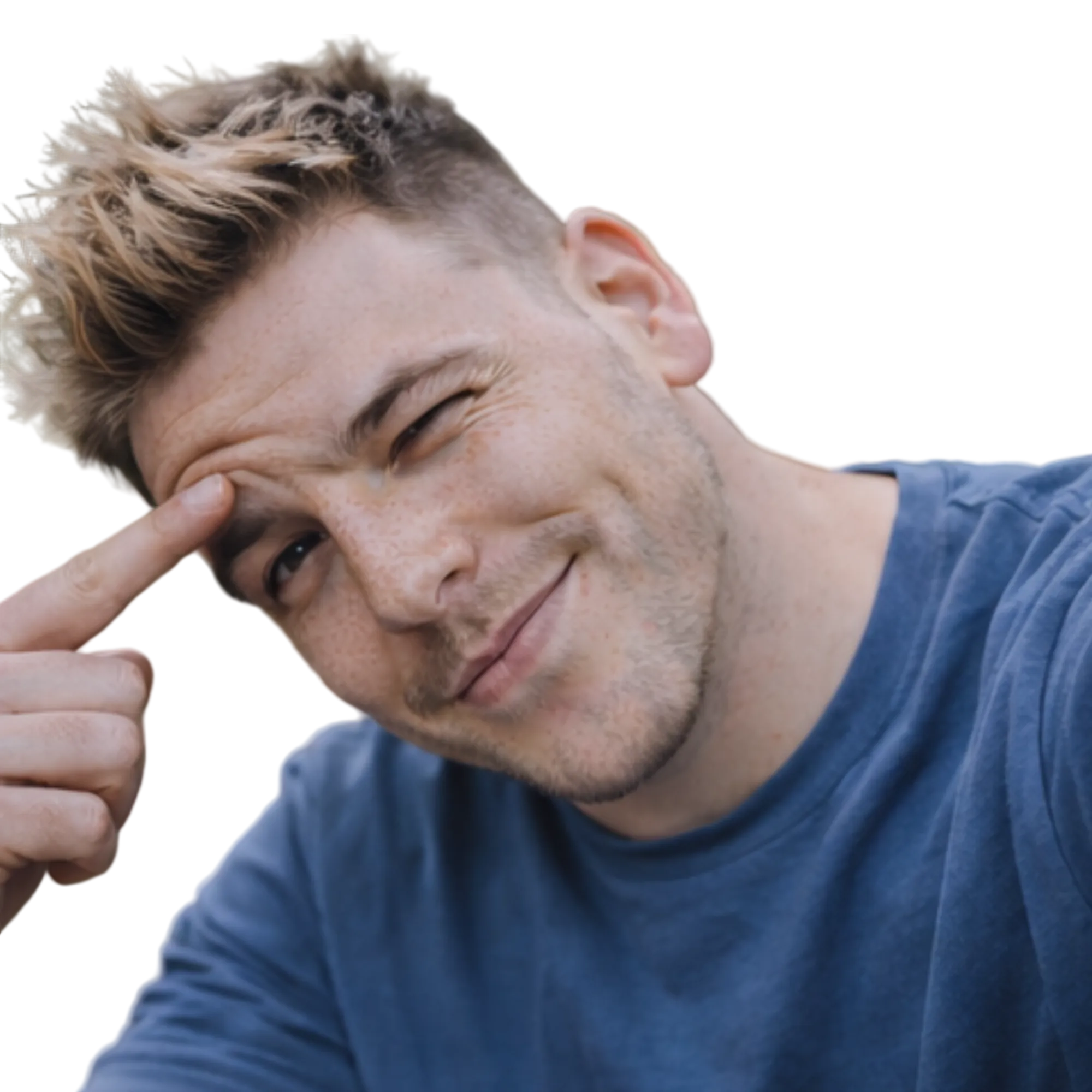 Man in a blue shirt pointing to his head with a blurred green background