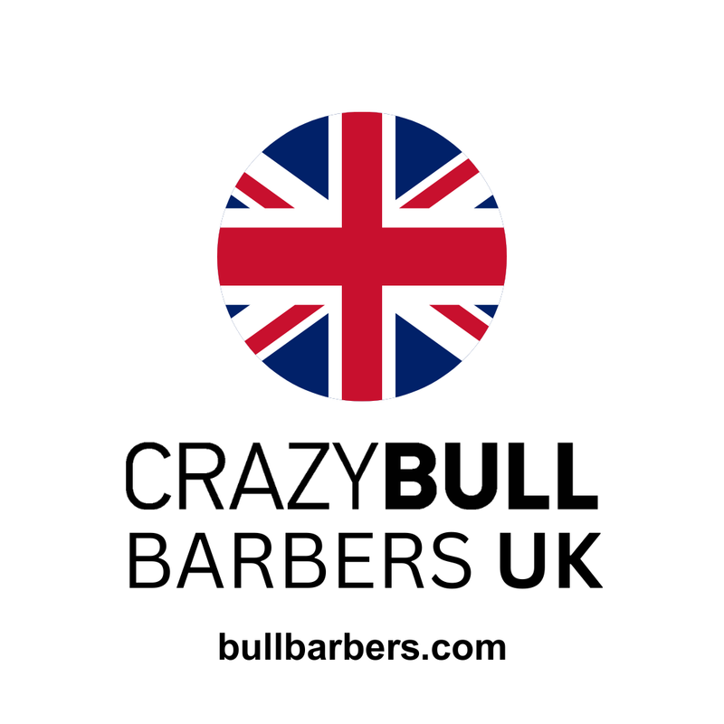 Logo of Crazy Bull Barbers UK with a Union Jack design on a white background
