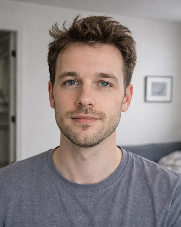 Before and after comparison of a man with styled hair holding a product container.