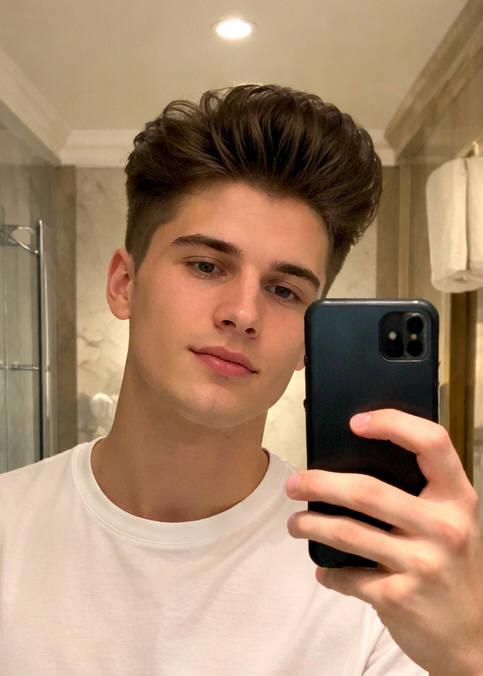 Side-by-side comparison of a person taking a mirror selfie in a bathroom.