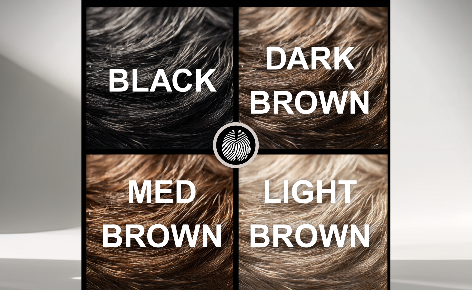 Hair color chart with four natural shades: Black, Dark Brown, Med Brown, and Light Brown.