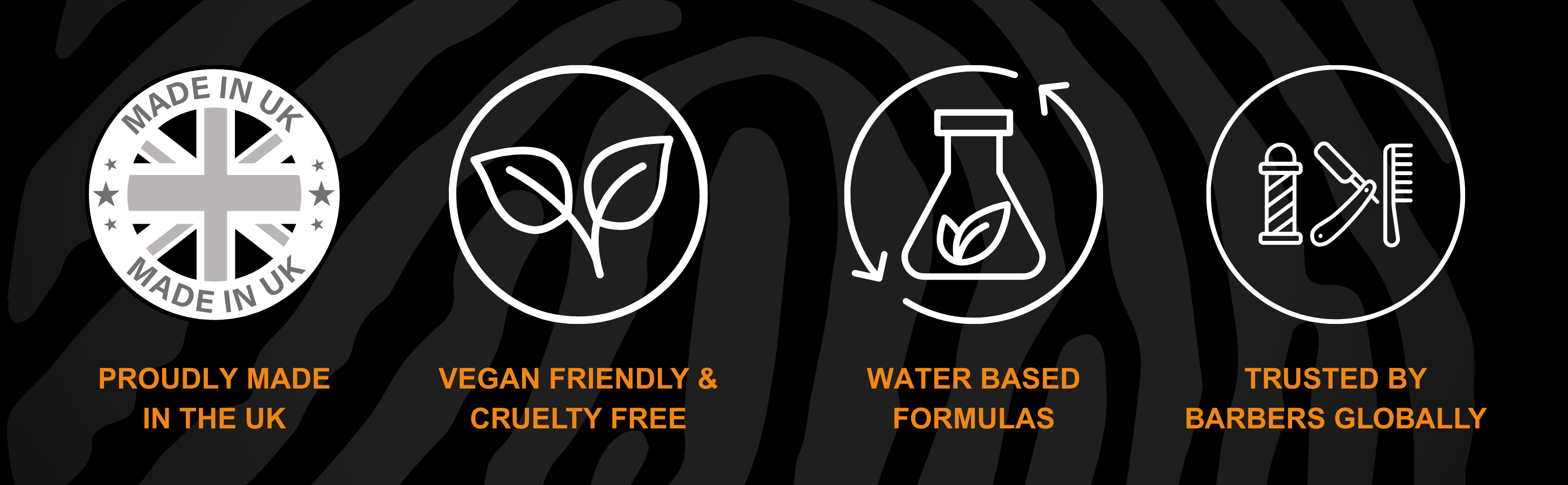 Set of icons and text on a black background, emphasizing brand values.