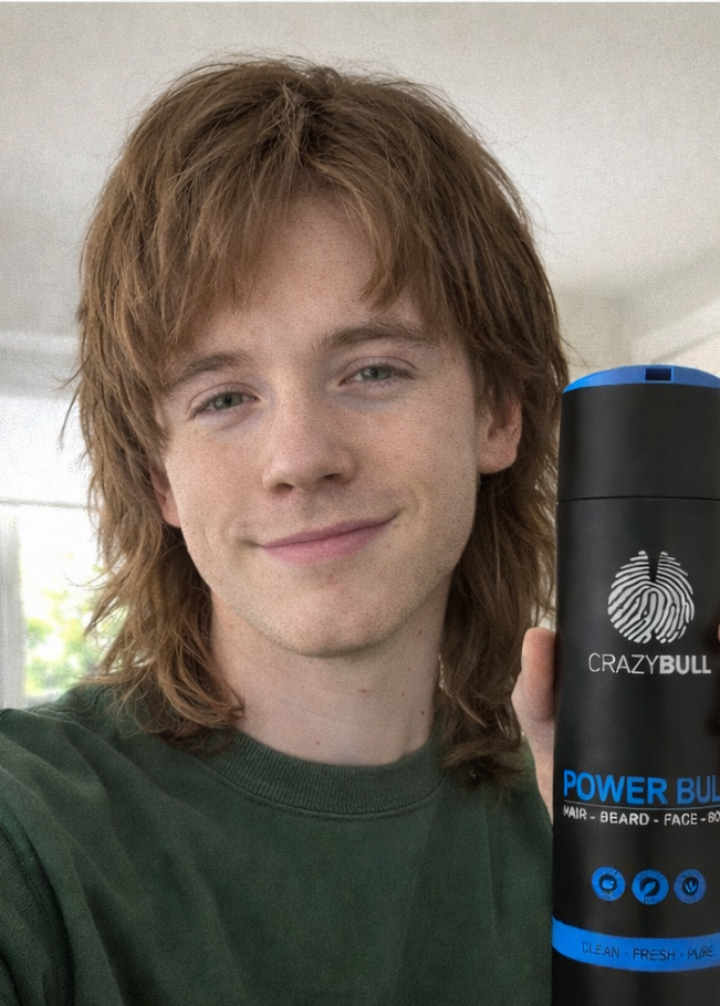 Two images of a person, one with a neutral expression and the other holding a Power Bull shampoo product.