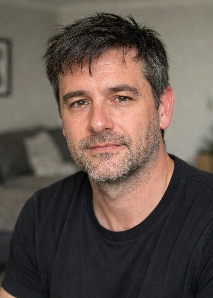 Side-by-side comparison of a man with and without makeup in a home setting.