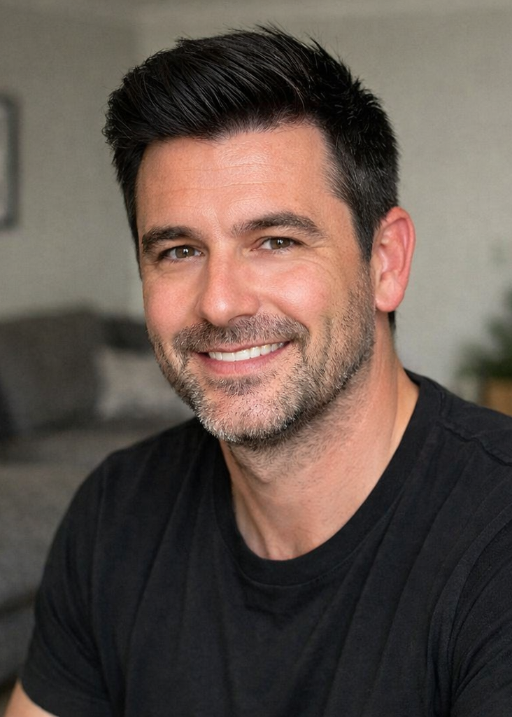 Side-by-side comparison of a man with and without makeup